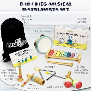 MINIARTIS Baby Musical Instruments Set - Montessori Musical Toys for Toddlers 1-3 | Modern Boho Kids Xylophone with Songbook | Neutral Colors Wooden Percussion Instruments | Preschool Educational 3+ - Image 2