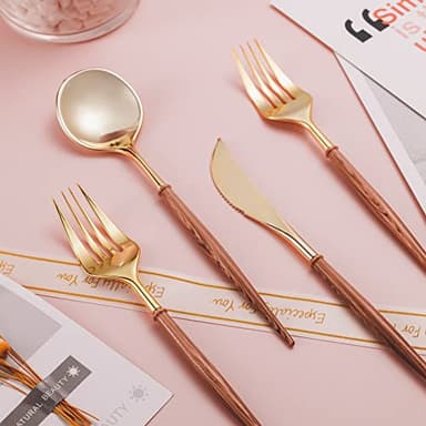Lullaby 120PCS Gold Plastic Silverware, Gold Disposable Cutlery with Wood Grain Handle Include 40 Forks, 40 Spoons, 40 Knives, Elegant Disposable Silverware for Wedding, Party, Gathering, Daily Use - Image 6