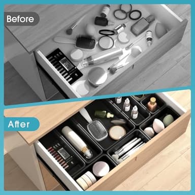 10 PCS Drawer Organizer Set, 4 Size Makeup Drawer Divider Organizer With Non-Slip Pads, Interlocking Plastic Storage Bins for Office,Jewelry Vanity,Gadgets, Bathroom,Kitchen, Black - Image 4