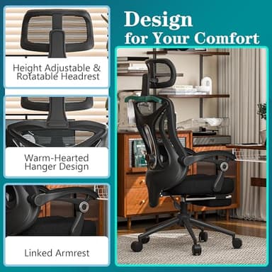CYKOV Ergonomic Office Chair - Adjustable Lumbar & Headrest, 90-160° Reclining with Footrest, Breathable Mesh Back - Home Office/Gaming Computer Chair (Black, 300lbs Capacity) - Image 6