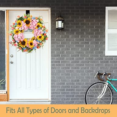 Lotus Hills 22" Spring Wreaths for Front Door, Front Door Wreath with Sunflower Pink Hydrangea Daisy Eucalyptus, Spring Summer Wreath Outdoor, Blooming Artificial Floral Decorations for Home Office - Image 5