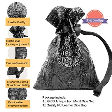 Haxtec Antique Iron Metal DND Dice Set Silver D&D Polyhedral Dice W/PU Leather Dice Bag Compatible with Dungeons and Dragons Gift TTRPG - Image 3