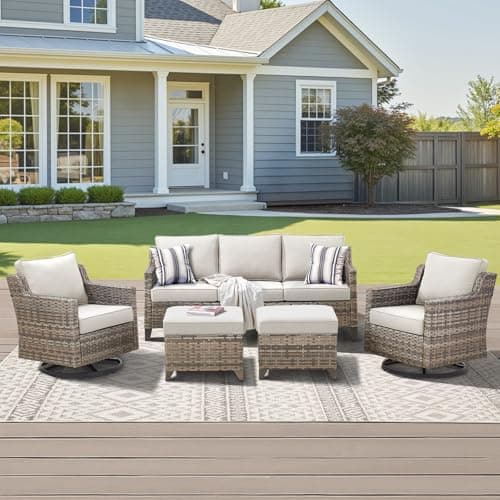 AMCLOBA Outdoor Patio Furniture Set-5 Pieces All-Weather Wicker Outdoor Furniture with Swivel Patio Chairs Outdoor Patio Conversation Sets for Garden Porch Deck Grey/Beige - Image 1
