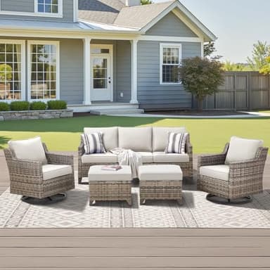 AMCLOBA Outdoor Patio Furniture Set-5 Pieces All-Weather Wicker Outdoor Furniture with Swivel Patio Chairs Outdoor Patio Conversation Sets for Garden Porch Deck Grey/Beige - Image 1