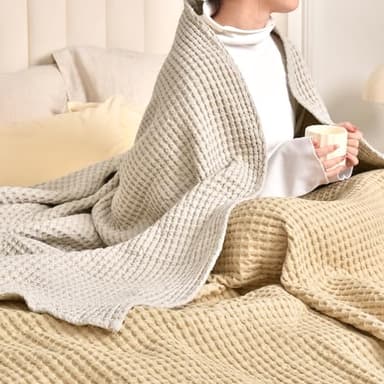 PHF 480GSM 100% Washed Cotton Waffle Weave Blanket, Cozy Breathable Skin-Friendly Throw Queen Size for All Season,Luxury Fall Layer Bedspread for Couch Bed Sofa,Elegant Home Decor,Natural,90"x90" - Image 8
