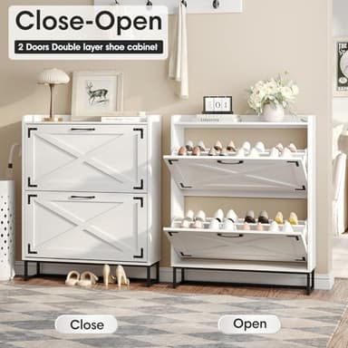 Maupvit Shoe Storage Cabinet with 2 Flip Drawers, Freestanding Organizer with Metal Legs for Entryway, Narrow Shoe Rack Cabinet, Black White - Image 5