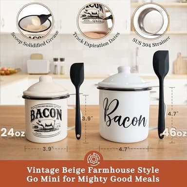 Bacon Grease Container with Strainer - With Food-Grade Silicone Spatula, 24oz Enamel Rustic Farmhouse Fat Container, Keeper, Recipes, Dishwasher Safe - Image 3