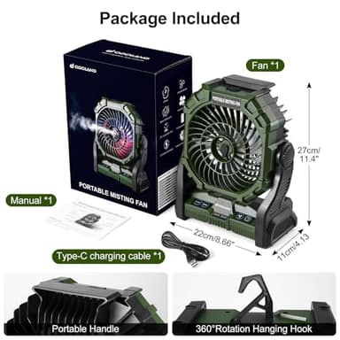 Odoland Portable Camping Fan with LED Lantern, 20000mAh Battery Operated Rechargeable Misting Fan with Light, 250mL Water Tank, Hook, Outdoor Tent Cooling Fans for Patios Beach Travel Summer, Green - Image 7