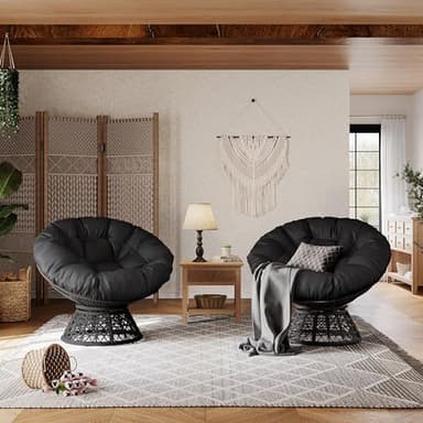 Yaheetech Indoor Papasan Chairs with Thick Tufted Cushions and Frame, Swivel Wicker Ergonomic Lounge Reading Chairs for Living Room/Bedroom, Black - Image 7