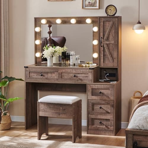 JXQTLINGMU Farmhouse Vanity Makeup Desk with Charging Station, 43" W Vanity Desk with Lights Mirror and Drawers for Makeup, Big Modern Makeup Table Set with Stool for Bedroom, Light Brown - Image 1