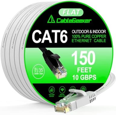 Cat 6 Ethernet Cable 150 ft, Indoor&Outdoor, High Speed 10Gbps Internet Network, Pure Copper Flat Ethernet Patch Cable Long, Computer LAN Cable with Clips & Straps for Router, Modem, PS4/5, White - Image 3