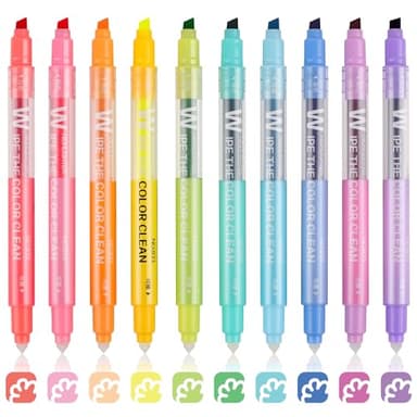 HANKU Erasable Highlighters, Dual Tip 10 Pack Highlighters Assorted Colors Erasable, Smooth Writing Book Journaling No Bleeding Highlighter Pens for Bible Journal Planner - Image 1