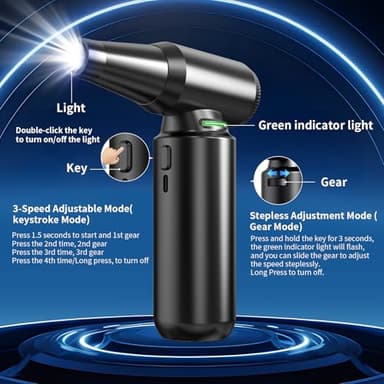 Compressed Air Duster with LED Flashlight, 300,000RPM Brushless Motor Electric Air Duster, 3-Gear Adjustable Mini Blower, Cordless Jet Fan for Keyboard, PC, Car and Home Cleaning1 - Image 6