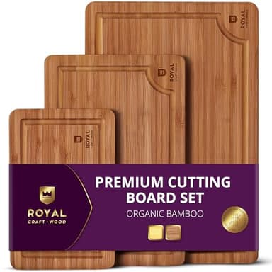 ROYAL CRAFT WOOD Wooden Cutting Boards for Kitchen Meal Prep & Serving - Bamboo Wood Serving Board Set with Deep Juice Groove Side Handles - Charcuterie & Chopping Butcher Block for Meat (3 Pcs) - Image 1