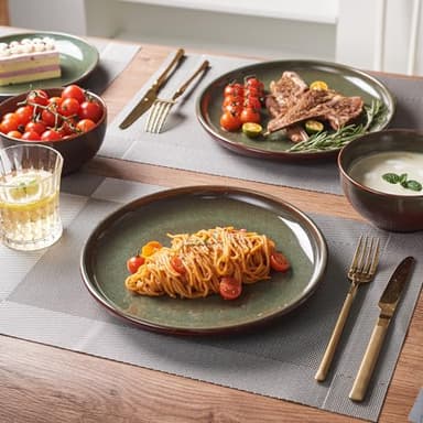 Pokini Stoneware Dinnerware Sets Service for 4, 12 pcs Reactive Glaze Plates and Bowls Sets, Handmade Ceramic Dish Set, Highly Chip and Crack Resistant Modern Plate Set, Brown Green - Image 6