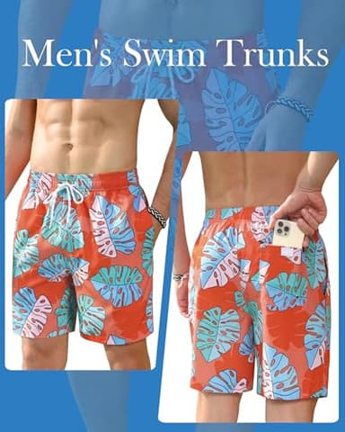 Gleeease Mens Lined Swim Trunks: 7 inch Quick Dry Stretchy Soft with Mesh Liner Beach Pool Water Sport Orange Hawaiian Leaf - Image 4