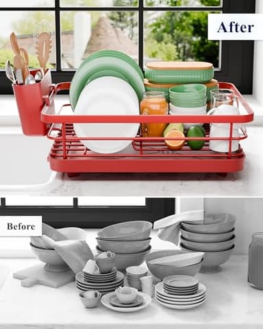 Kitsure Dish Drying Rack for Kitchen Counter, Stainless Steel Sink Organization and Storage Essentials with Cutlery Holder, Home and Appartment Decor, 12''W x 15.5''L, Red - Image 7