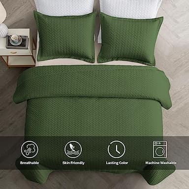 Maple&Stone Quilt Set Queen Size, Lightweight Olive Green Bedspread Ultrasonic Chevron Pattern Light Coverlet for All Season Comforter Bedding Decor - 3 Piece Full Bed Cover Sets - Image 2