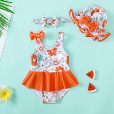 Toddler Girl Swimsuit One Piece Bathing Suit Summer Daisy Baby Bathing Suit Strap Swimming Beachwear Suit Orange Toddler Swimsuit Girl 18-24 Months - Image 3