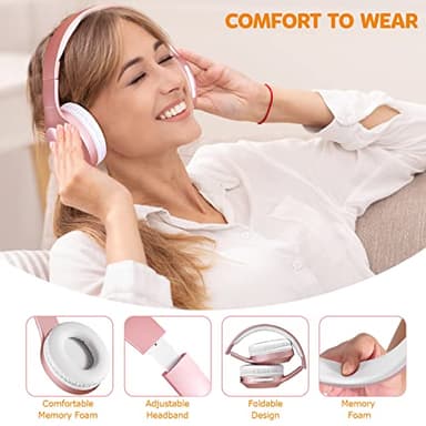 Rydohi Bluetooth Headphones Over Ear, 68H Playtime 3 EQ Music Modes Wireless Headphones with Microphone/Deep Bass, HiFi Stereo Foldable Headset for PC Home Travel Office (Rose Gold) - Image 4