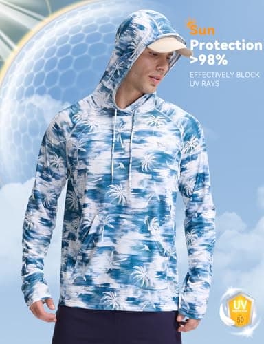 baleaf Swim Shirts Men Rash Guard Long Sleeve Sun Protection Hoodie UV Lightweight Athletic Running with Kangaroo Pocket Blue Coconut L - Image 6