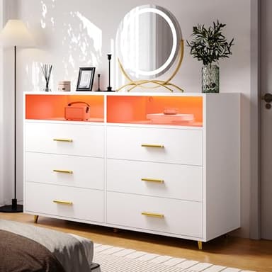 EnHomee White Dresser with LED Lights, 6 Drawers & 2 Open Shelves Top Dresser for Bedroom, Wood Chests of Drawers - Image 7