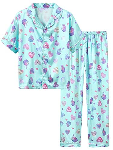 Topgal Girls Satin Coat Style Pajamas Summer Fall Short Sleeve Tee & Pants Set Size 6/7 - Image 1