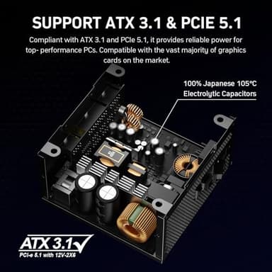 Auotac 850W Fully Modular Power Supply 80+ Gold Certified with 12V-2x6 Cable – ATX 3.1 & PCIe 5.1 Compliant, 140mm RGB Low-Noise Smart Fan, 105℃-Rated Capacitors, Black - Image 4