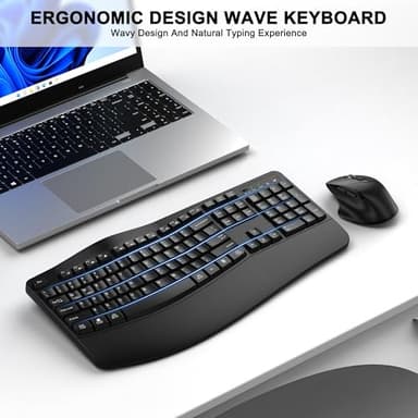 Wireless Keyboard and Mouse Combo, 2.4G Full Size Wave Keys Ergonomic Keyboard with Wrist Rest and 3-Level DPI Adjustable Wireless Ergonomic Mouse for Windows, Mac OS Desktop/Laptop/PC(Black) - Image 2