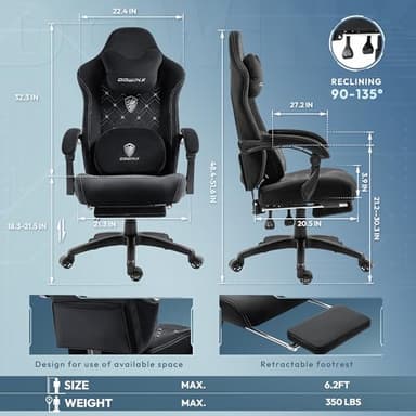 Dowinx Fabric Gaming Chair with Heated Massage Lumbar Support, Gaming Chairs for Adults, Big and Tall Gamer Chair with Pocket Spring Cushion and Footrest, Recliner High Back PC Chair for Adult, Black - Image 3