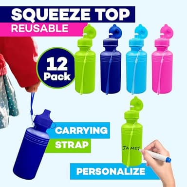 4E's Novelty Bulk Water Sports Bottles for Kids 18 oz - 12 Pack Squeeze Reusable Plastic, Neon Colors, BPA Free, Kids Water Bottles Party Favor Gift Giveaways, End of Year Student Gifts from Teacher - Image 2