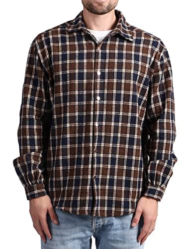 Locachy Men's Casual Cotton Plaid Shirts Long Sleeve Button-Down Flannel Overshirt Jacket Blue&Coffee Plaid M - Image 3
