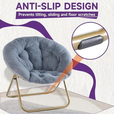 Sweetcrispy Comfy Saucer Chairs Folding Cozy Faux Fur Living Room Reading Lounge Chair with Soft Thick Padded Seat & Metal Frame Modern Style Bedroom Home for Kids Adults, X-Large - Grey - Image 6