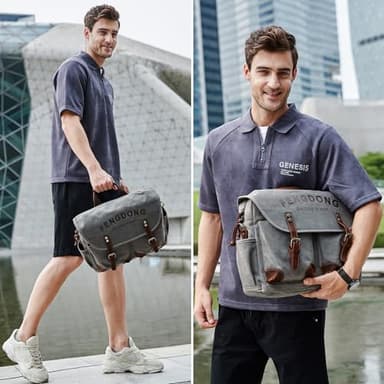 FENGDONG Mens Messenger Bag 15.6 Inch Vintage Waxed Canvas Genuine Leather Briefcase Leather Computer Laptop Bag Rugged Satchel Shoulder Bag Gray - Image 2