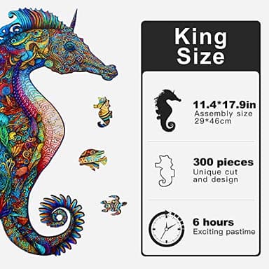 Mys Aurora Unique Wooden Jigsaw Puzzles - Unicorn Seahorse, 300 Pcs King Size 11.4" x 17.9", Animal Shaped Wood Puzzle, Beautiful Package, Best Gift for Adults and Kids, Family Game - Image 2