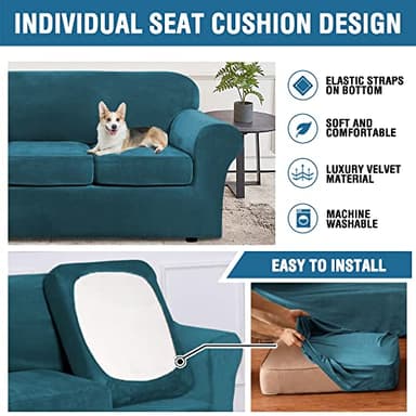 H.VERSAILTEX Velvet 4 Piece High Stretch Sofa Slipcover Cover Furniture Protector Form Fit Luxury Thick Velvet Extra Large Sofa Cover for 3 Cushion Couch Width Up to 105 Inch (XL Sofa, Deep Teal) - Image 6
