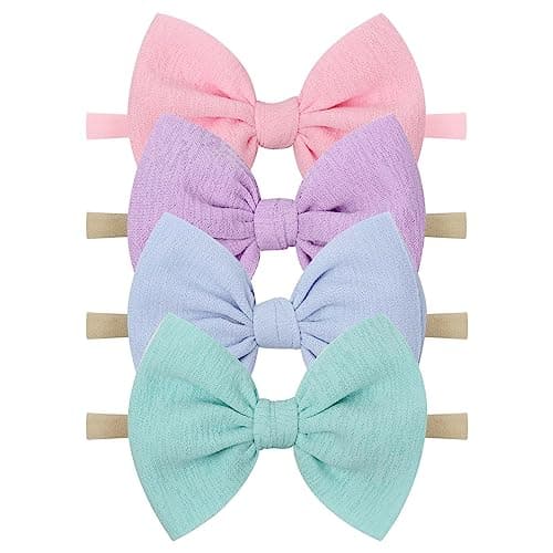 YanJie Baby Girls Nylon Headbands Newborn Bows Handmade Hair Bows Hairbands Hair Accessories for Newborn Infant Toddlers Kids (baby pink-aqua) - Image 1