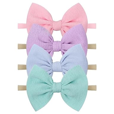 YanJie Baby Girls Nylon Headbands Newborn Bows Handmade Hair Bows Hairbands Hair Accessories for Newborn Infant Toddlers Kids (baby pink-aqua) - Image 1