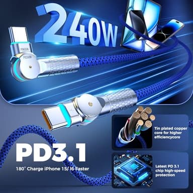 USB C to USB C Cable 6.6ft,240W 2-Pack Braided 180°Rotating Type C Charging CableFast Charge for iPhone 15/16/16Pro/16Plus/16ProMax,MacBook Air,iPad Pro,Pixel,Samsung Galaxy S23/S24 Ultra-Blue - Image 2