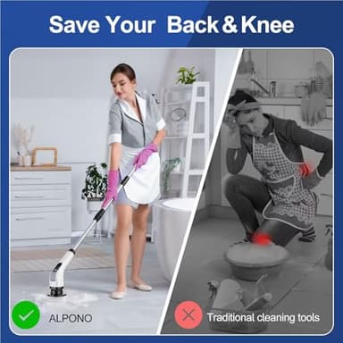 ALPONO Electric Spin Scrubber with Long Handle: Cordless Power Shower Scrubber - Spin Brush with 7 Brush Replacement Heads for Cleaning Bathroom,Tub, Tile, White, ALPONO-A11 - Image 5