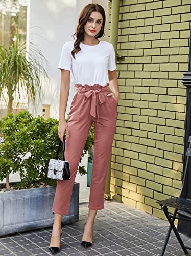 GRACE KARIN Women's Pants Trouser Slim Casual Cropped Paper Bag Waist Pants Salmon Pink M - Image 3