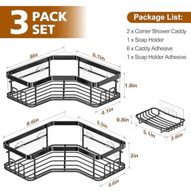MAXIFFE 3 Pack Corner Shower Caddy with Soap Holder, Large Capacity Sturdy Easy Install No Drilling Stainless Steel Hold 40 LBS Shower Organizer Shelves Rack Storage for Family Renters Bathroom, Black - Image 8