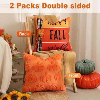 TOYPOPOR Fall Decorations, 2 Packs Double Sided Throw Pillow Covers, Orange Soft Faux Fur Pumpkin Pillow Cases Autumn Harvest Thanksgiving Indoor Outdoor Home Decor for Living Room Porch Couch 20x20 - Image 2