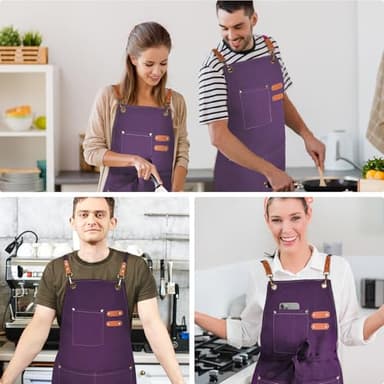 OUNLEN Chef Apron for Men Women Canvas Aprons with 3 Pockets Cross Back Resistant Work Apron for Cooking Grilling Baking BBQ Barber Kitchen (Purple) - Image 6