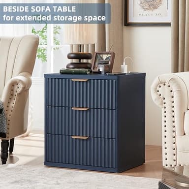 LEYAOYAO 23" Wide Fluted Night Stand with Charging Station, 3 Drawers Large End Table with Storage, Navy Blue Nightstand Wood Bedside Tables, Farmhouse Cabinet Dresser for Bedroom,Closet - Image 4