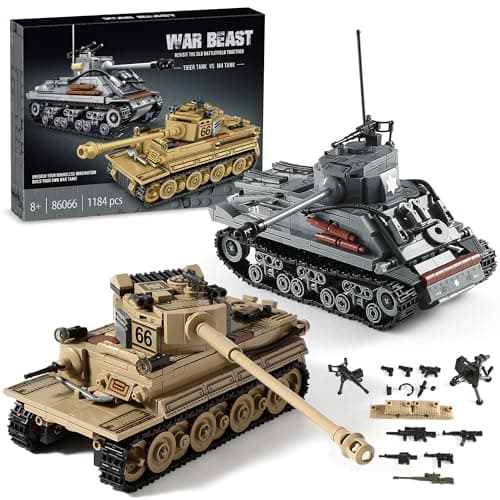 WW2 Army Tank Toys Building Kit Compatible with Lego, Create a German Tiger & an American M4 Sherman Models with 1184 Blocks, Great Military Toy Gifts for Boys, Kids Age 8-14 - Image 1