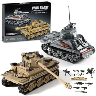 WW2 Army Tank Toys Building Kit Compatible with Lego, Create a German Tiger & an American M4 Sherman Models with 1184 Blocks, Great Military Toy Gifts for Boys, Kids Age 8-14 - Image 1