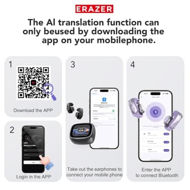 ERAZER XF28 AI Translation Earbuds Real Time Translator Earbuds LCD Touch Screen Open Ear Clip Wireless Bluetooth Translating Headphones Included for 135 Languages Translation Device with APP - Image 7