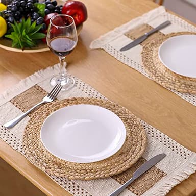 Zology Handmade Boho Placemats Set of 6 - Natural Cotton Burlap and Water Straw Woven Combination Table Mats, Macrame Décor and Farmhouse Style Placemats, for Dining Table Kitchen - Image 3