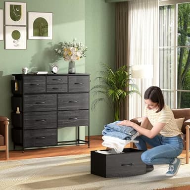 YaFiti Dresser for Bedroom with 10 Drawers, Chest of Drawers with Side Pockets, Hooks, Wooden Top and Sturdy Metal Frame, Fabric Dresser Drawers for Living Room, Hallway (Black Wood Veins) - Image 2